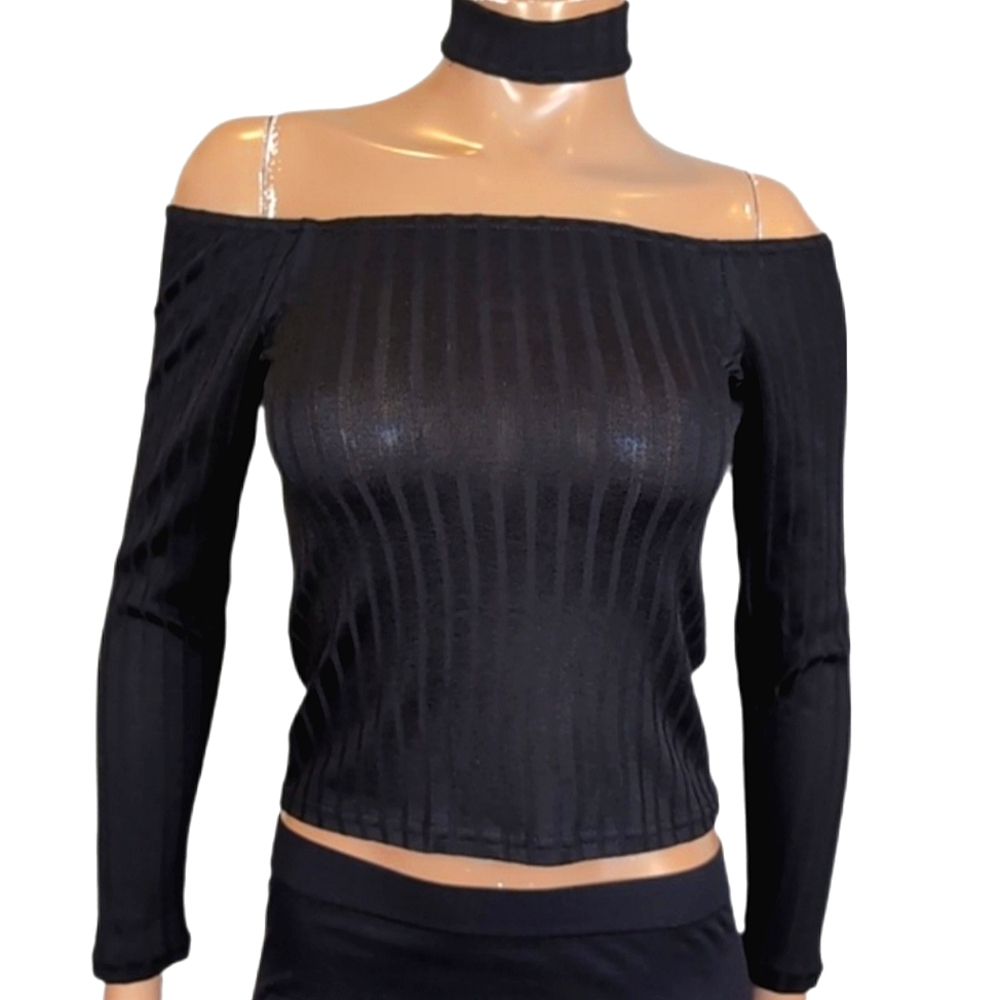 H&M Divided Black Ribbed Knit Top Choker Long Sleeve Womens Size Small